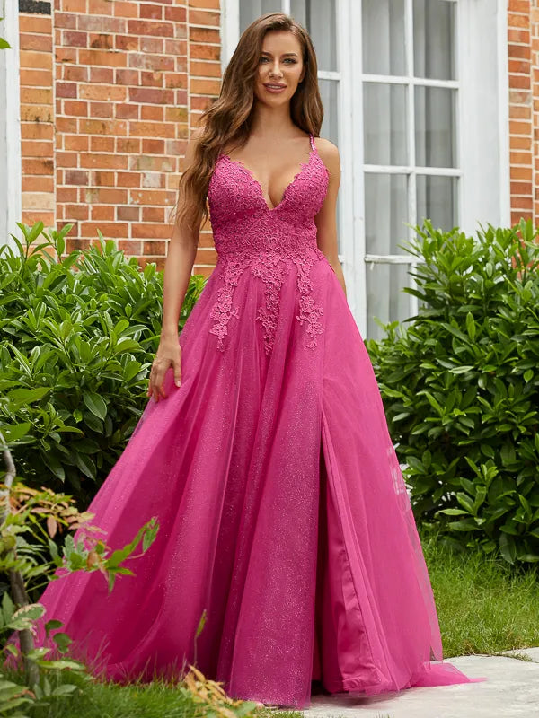 Vibrant Fuchsia Glitter Tulle A Line V Neck Spaghetti Strap Lace Back Slit Prom Dress