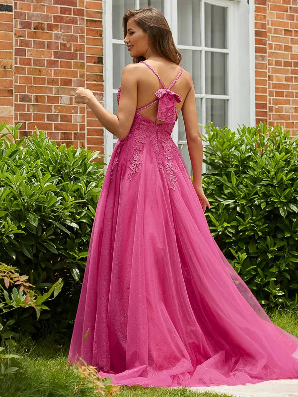 Vibrant Fuchsia Glitter Tulle A Line V Neck Spaghetti Strap Lace Back Slit Prom Dress