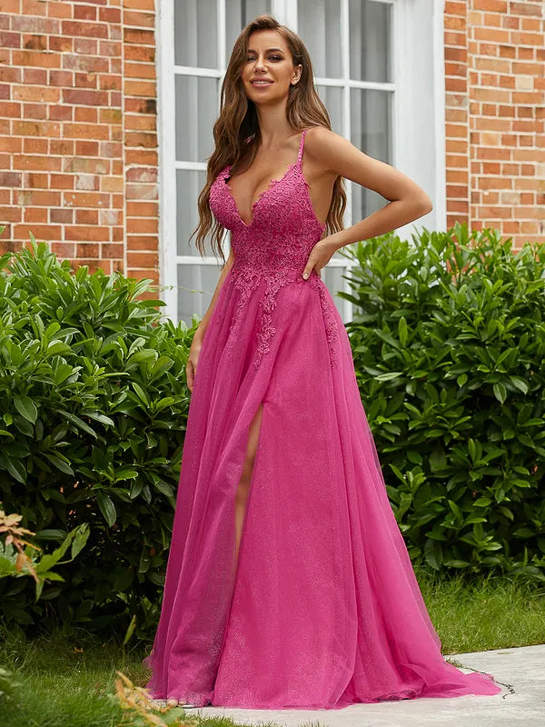 Vibrant Fuchsia Glitter Tulle A Line V Neck Spaghetti Strap Lace Back Slit Prom Dress