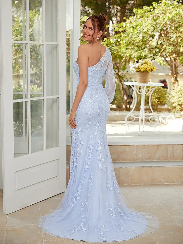Stunning Light Blue Tulle Mermaid One Shoulder Long Sleeve Lace Open Back Slit Prom Dress