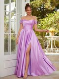 Charming Lavender Satin A Line Off Shoulder Short Sleeve Zipper Back Slit Prom Dress