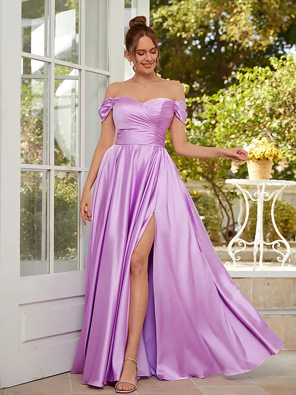 Charming Lavender Satin A Line Off Shoulder Short Sleeve Zipper Back Slit Prom Dress