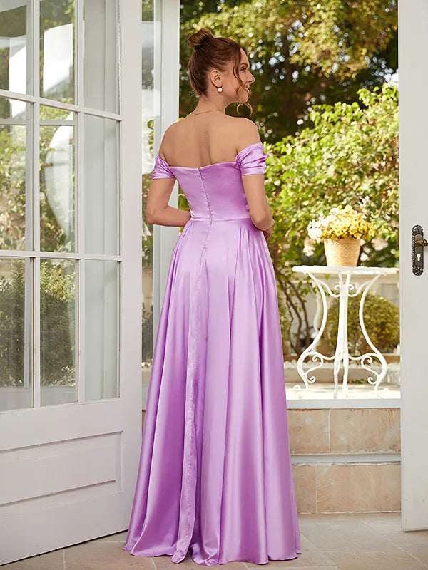 Charming Lavender Satin A Line Off Shoulder Short Sleeve Zipper Back Slit Prom Dress