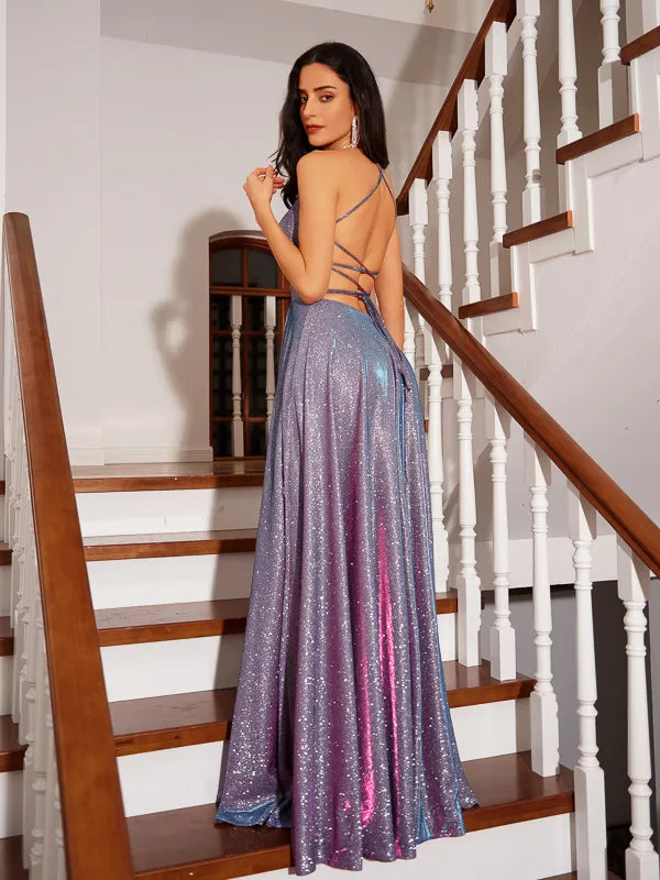 Glam Iridescent Glitter A Line Halter Sleeveless Lace Up Back Slit Prom Dress