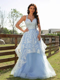 Airy Light Blue Tulle A Line Sweetheart Halter Crisscross Back Lace Layered Long Prom Dress