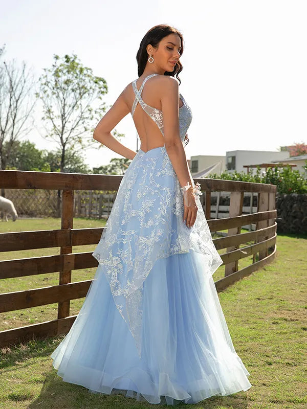 Airy Light Blue Tulle A Line Sweetheart Halter Crisscross Back Lace Layered Long Prom Dress