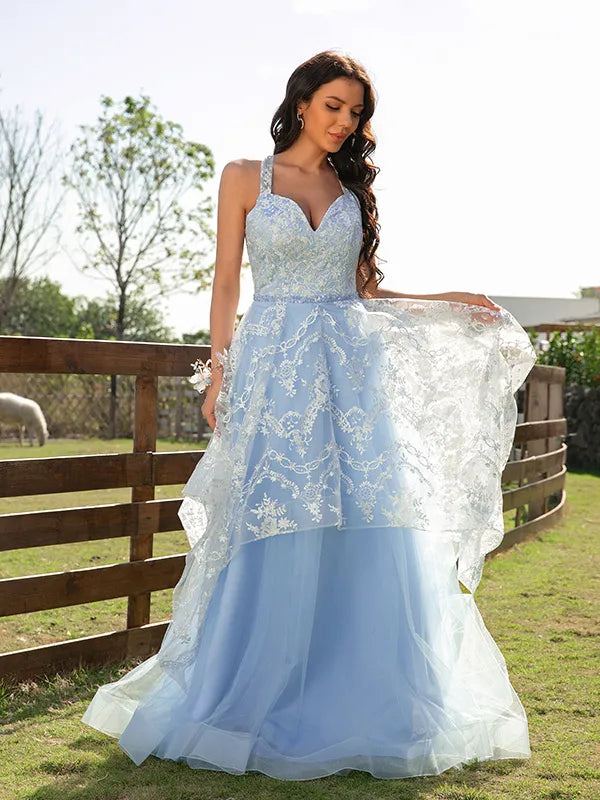 Airy Light Blue Tulle A Line Sweetheart Halter Crisscross Back Lace Layered Long Prom Dress