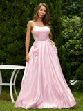Sweet Pink Satin A Line Square Spaghetti Strap Zipper Back Pocket Floral Long Prom Dress
