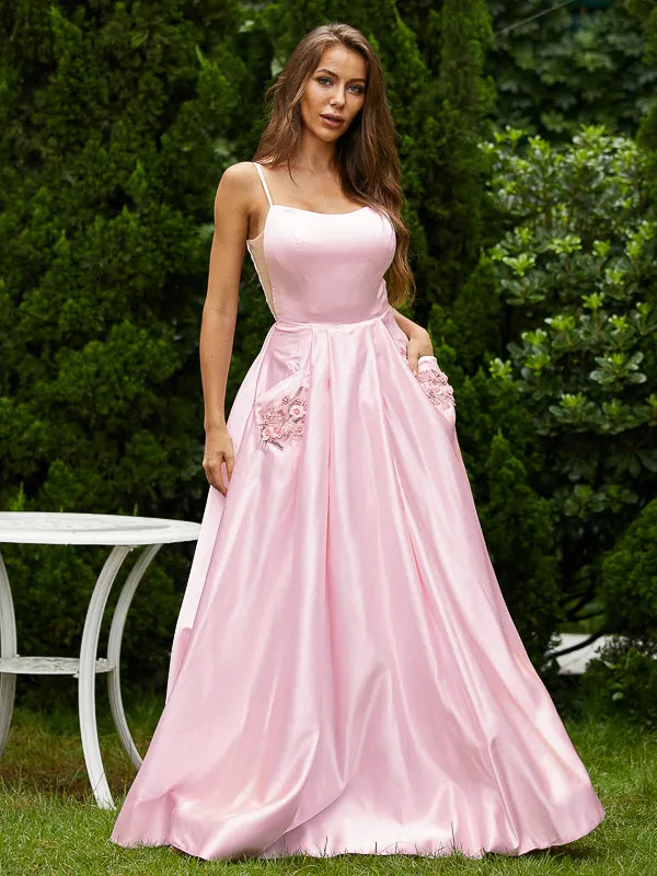 Sweet Pink Satin A Line Square Spaghetti Strap Zipper Back Pocket Floral Long Prom Dress