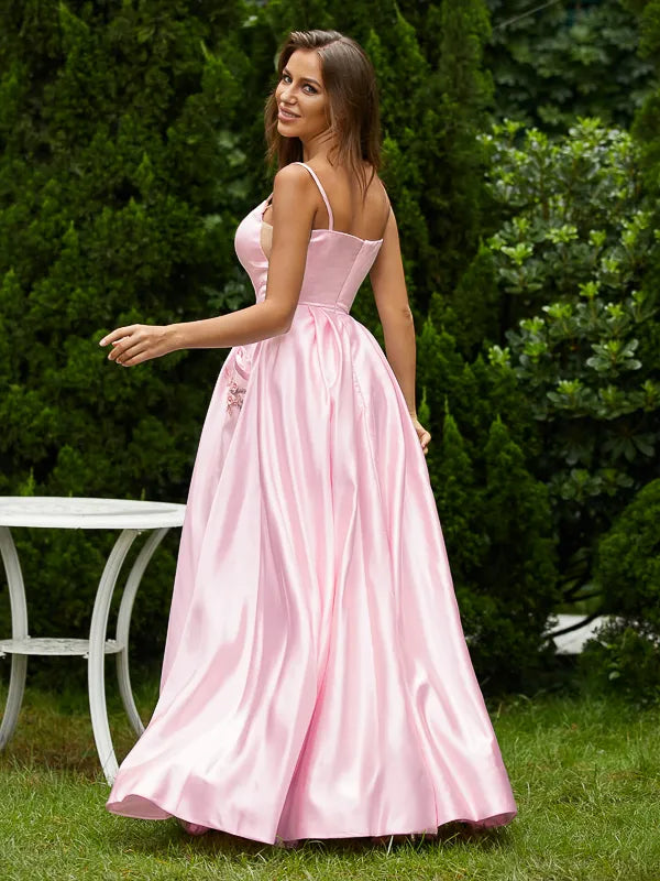 Sweet Pink Satin A Line Square Spaghetti Strap Zipper Back Pocket Floral Long Prom Dress