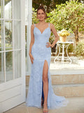 Elegant Light Blue Lace Tulle Mermaid V Neck Strap Open Back Slit Long Prom Dress