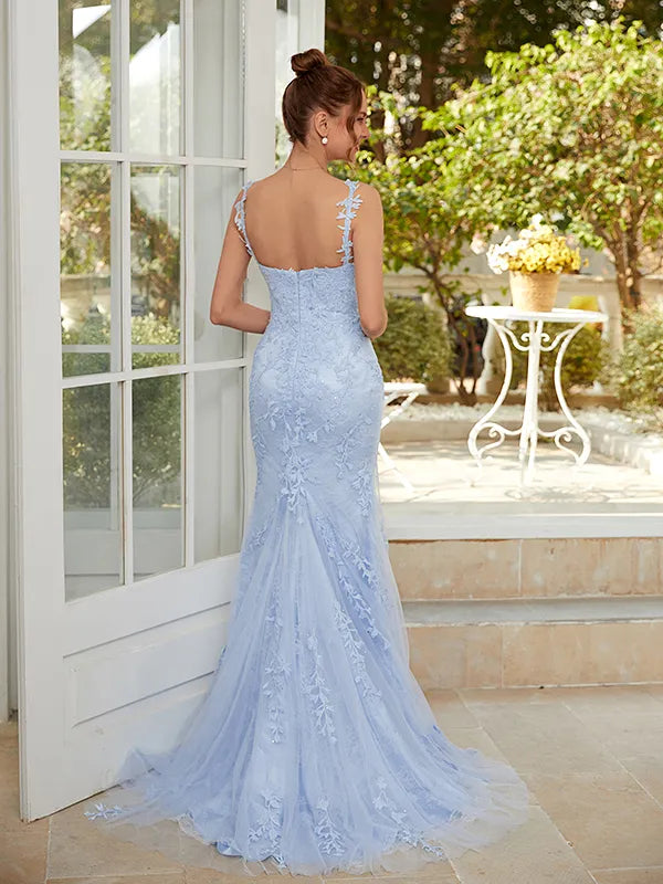 Elegant Light Blue Lace Tulle Mermaid V Neck Strap Open Back Slit Long Prom Dress
