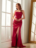 Stunning Burgundy Satin Mermaid Cowl Spaghetti Strap Low Back Slit Long Prom Dress