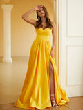 Vibrant Yellow Satin A Line Sweetheart Beaded Spaghetti Strap Low Back Slit Long Prom Dress