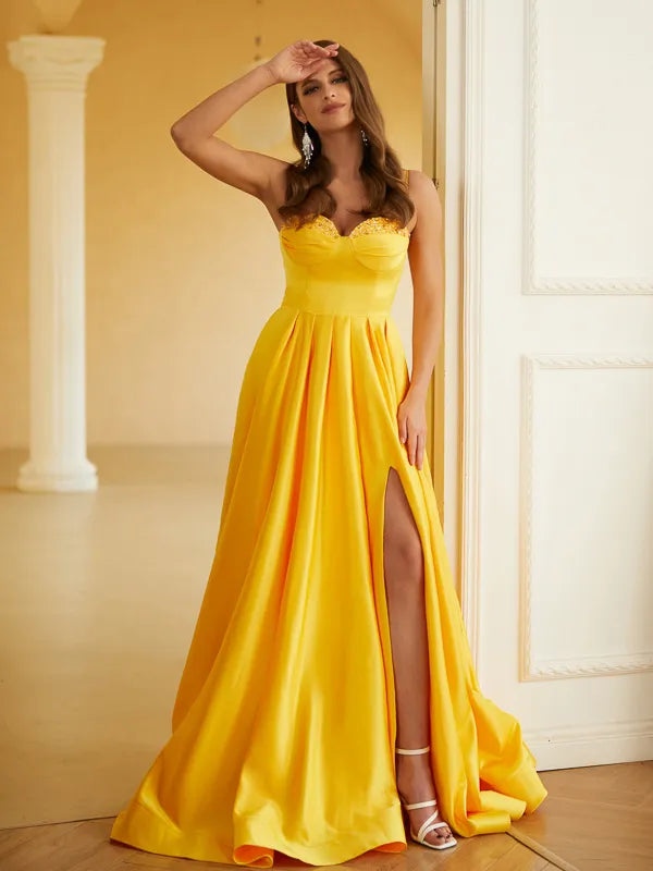 Vibrant Yellow Satin A Line Sweetheart Beaded Spaghetti Strap Low Back Slit Long Prom Dress