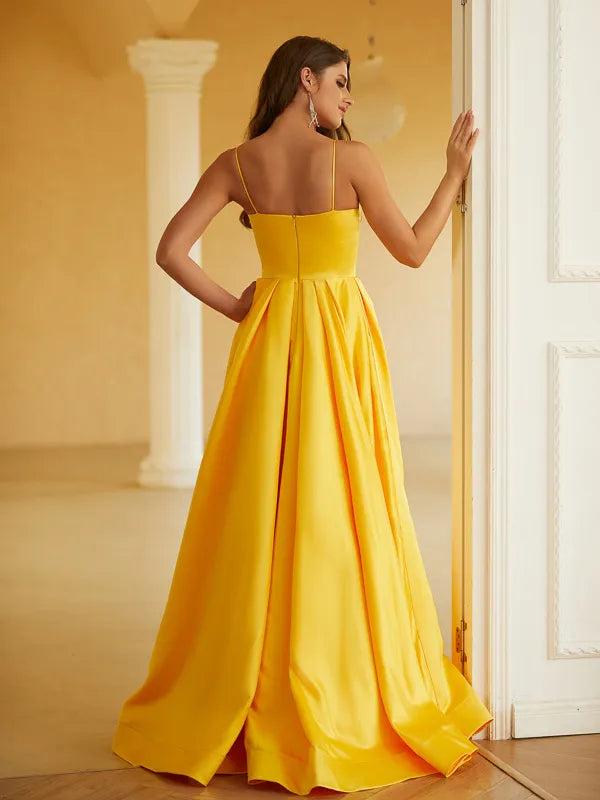 Vibrant Yellow Satin A Line Sweetheart Beaded Spaghetti Strap Low Back Slit Long Prom Dress