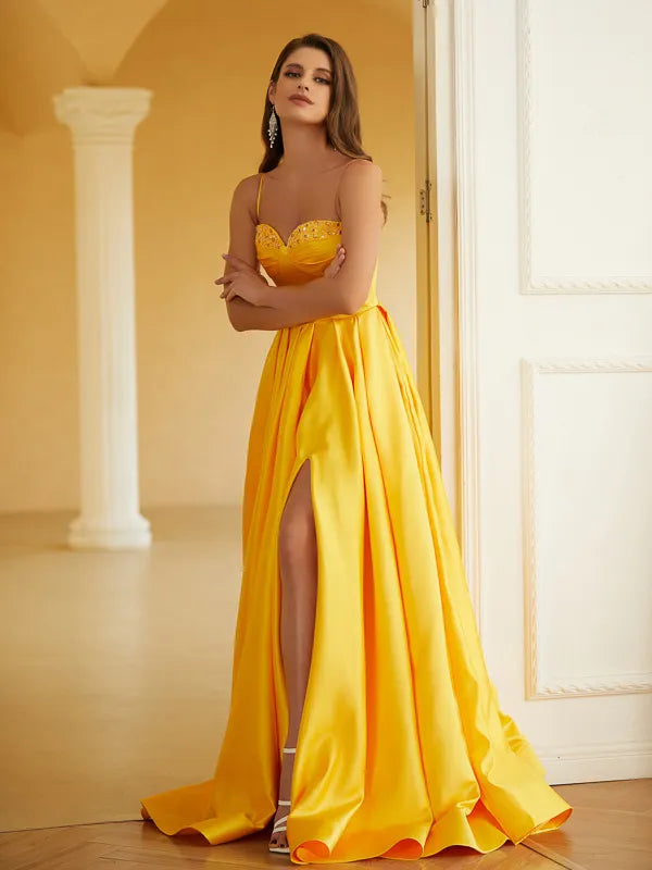 Vibrant Yellow Satin A Line Sweetheart Beaded Spaghetti Strap Low Back Slit Long Prom Dress