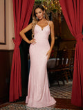 Shimmery Blush Sequin Mermaid V-Neck Spaghetti Crisscross Back Prom Dress