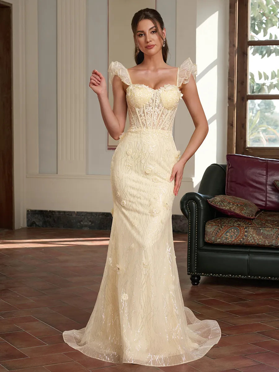 Romantic Pale Yellow Sequin Tulle Mermaid Sweetheart Ruffle Strap Lace Up Back Train Prom Dress
