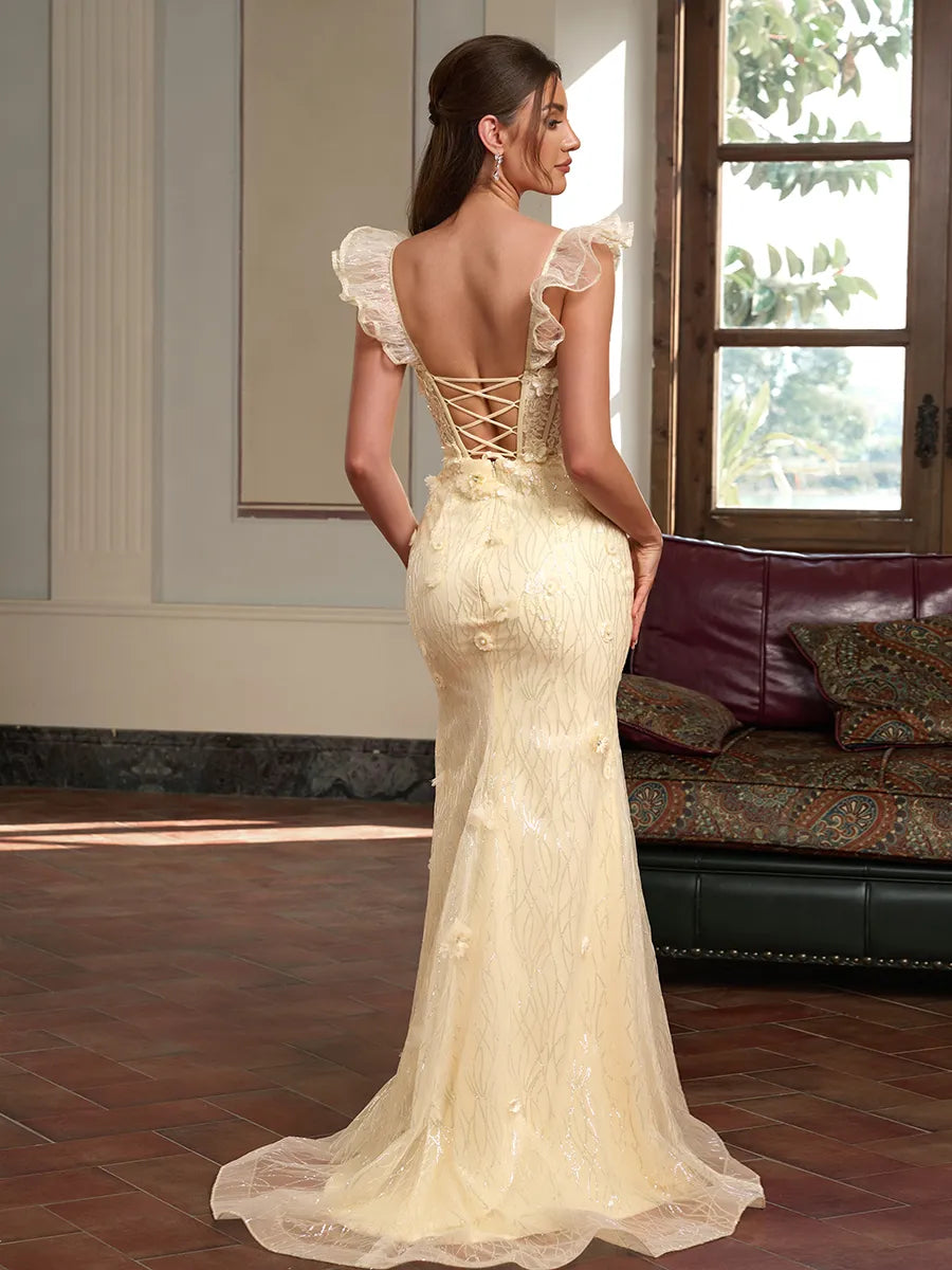 Romantic Pale Yellow Sequin Tulle Mermaid Sweetheart Ruffle Strap Lace Up Back Train Prom Dress