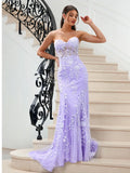 Romantic Lavender Lace Tulle Mermaid Sweetheart Strapless Corset Lace Up Back Train Prom Dress