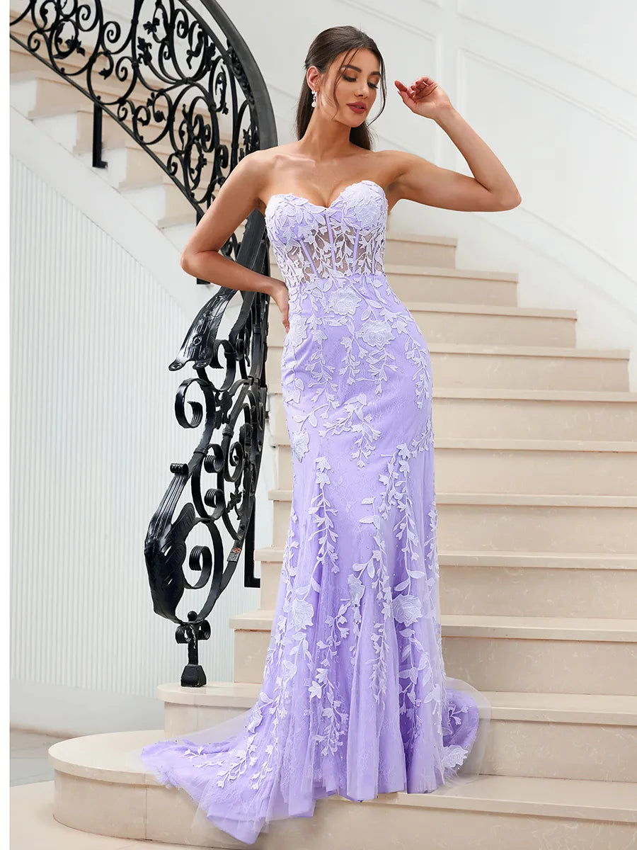 Romantic Lavender Lace Tulle Mermaid Sweetheart Strapless Corset Lace Up Back Train Prom Dress
