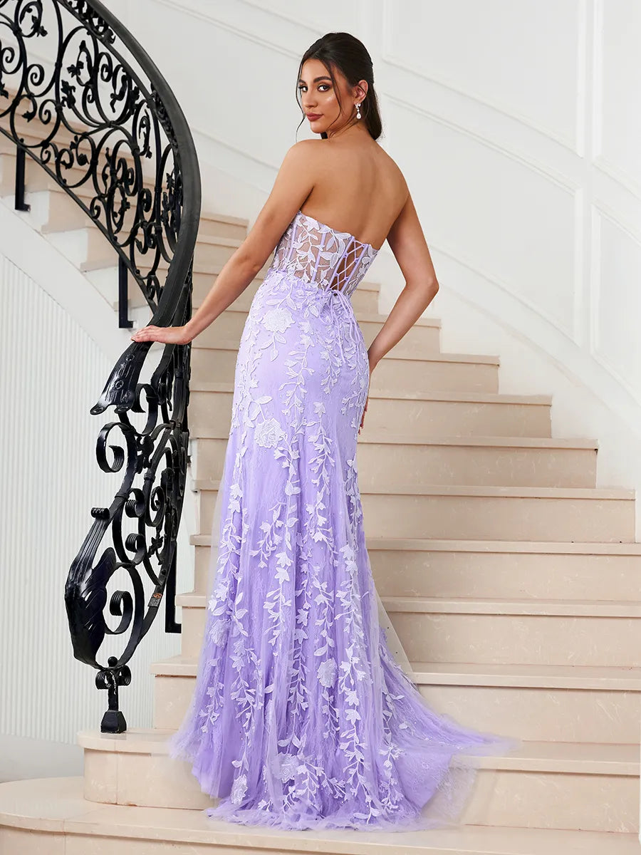 Romantic Lavender Lace Tulle Mermaid Sweetheart Strapless Corset Lace Up Back Train Prom Dress