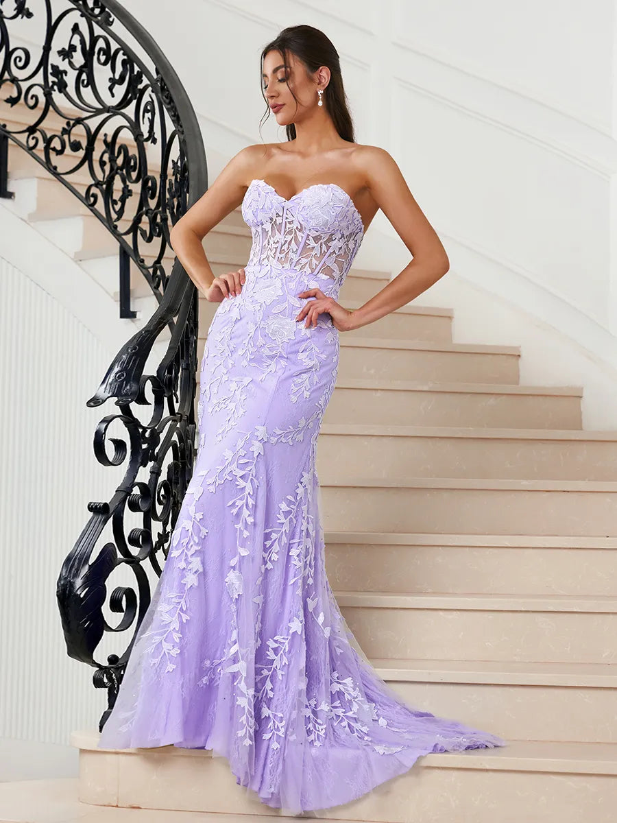 Romantic Lavender Lace Tulle Mermaid Sweetheart Strapless Corset Lace Up Back Train Prom Dress