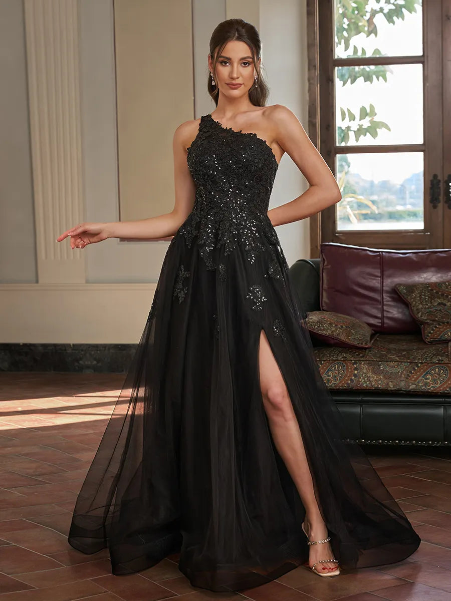 Gorgeous Black Lace Tulle A Line One Shoulder Sleeveless Strappy Back Side Slit Long Prom Dress