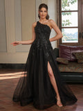 Gorgeous Black Lace Tulle A Line One Shoulder Sleeveless Strappy Back Side Slit Long Prom Dress