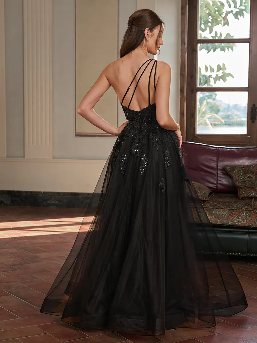 Gorgeous Black Lace Tulle A Line One Shoulder Sleeveless Strappy Back Side Slit Long Prom Dress