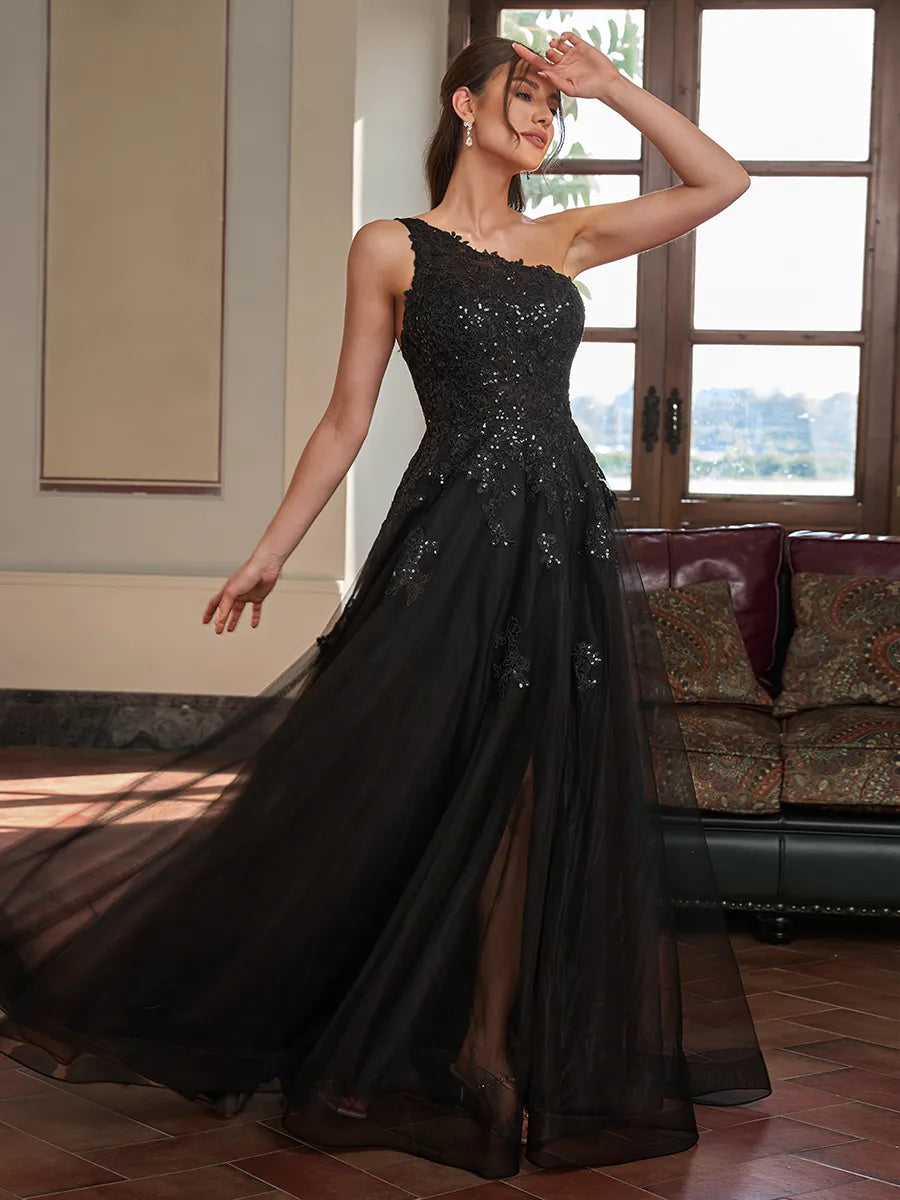 Gorgeous Black Lace Tulle A Line One Shoulder Sleeveless Strappy Back Side Slit Long Prom Dress