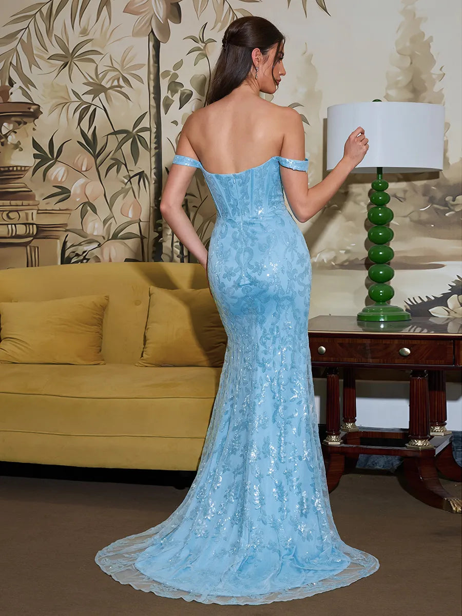 Stunning Light Blue Sequin Tulle Mermaid Off Shoulder Sweetheart Short Sleeve Zip Back Slit Train Prom Dress