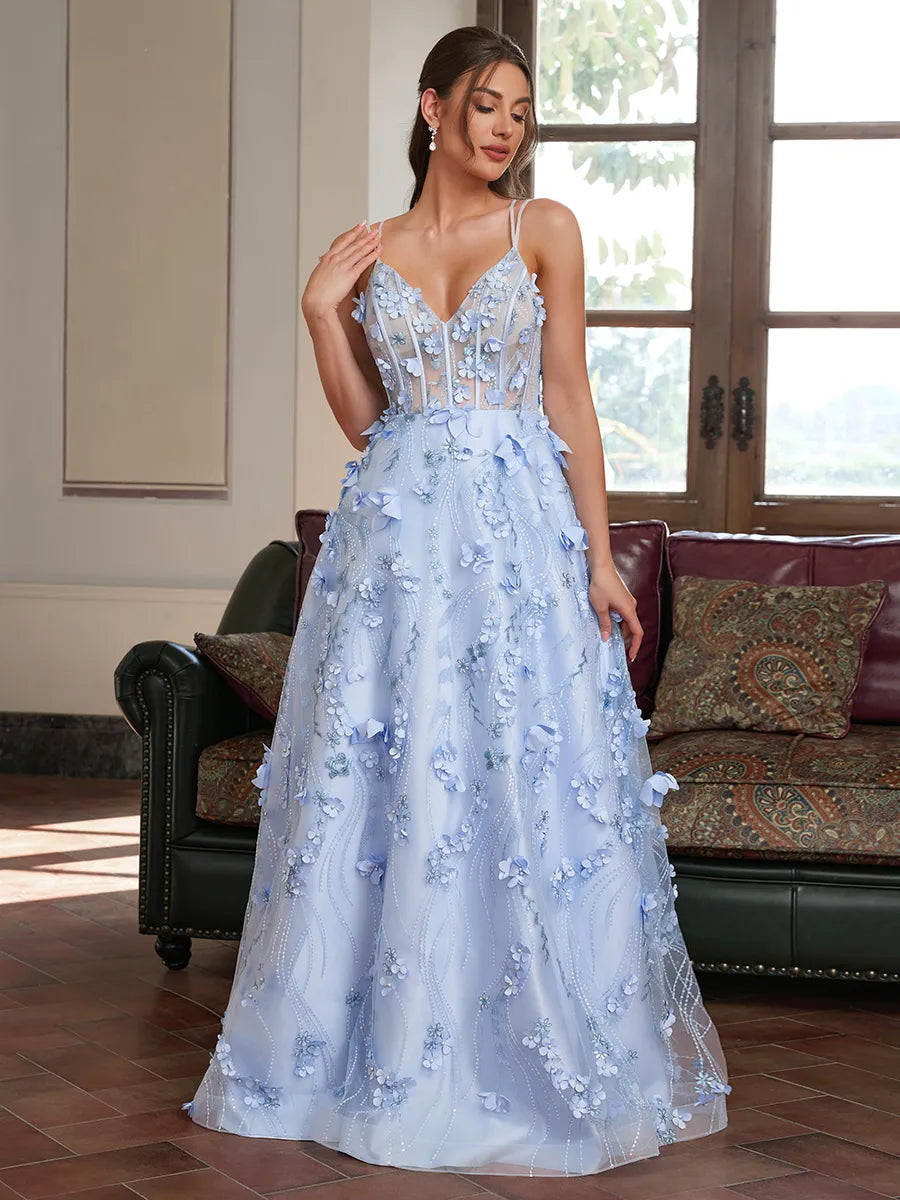 Elegant Light Blue 3D Floral Tulle A Line V Neck Spaghetti Strap Crisscross Open Back Long Prom Dress