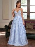 Elegant Light Blue 3D Floral Tulle A Line V Neck Spaghetti Strap Crisscross Open Back Long Prom Dress
