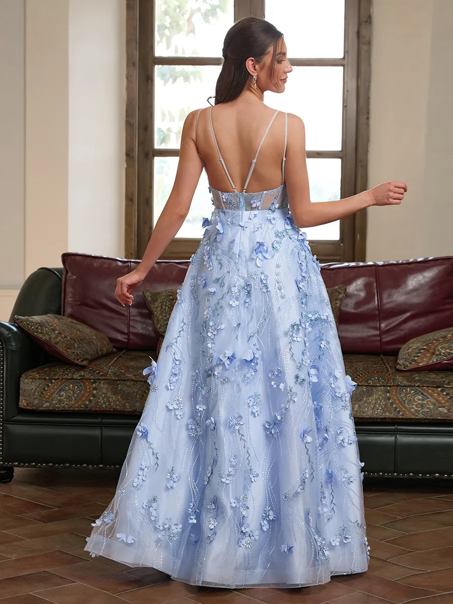 Elegant Light Blue 3D Floral Tulle A Line V Neck Spaghetti Strap Crisscross Open Back Long Prom Dress