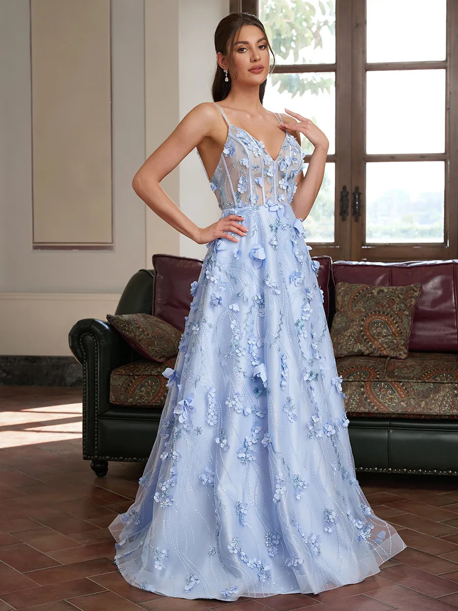 Elegant Light Blue 3D Floral Tulle A Line V Neck Spaghetti Strap Crisscross Open Back Long Prom Dress