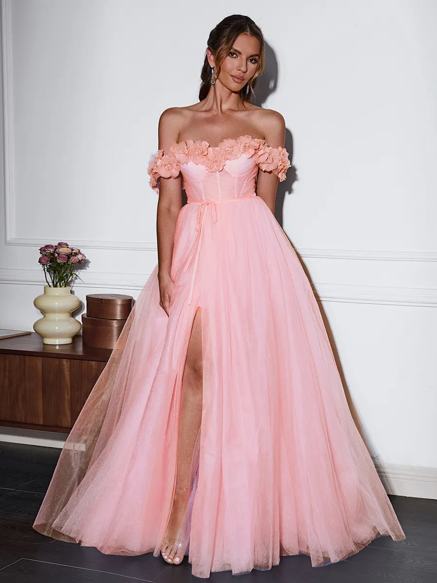 Romantic Blush Tulle A-line Off Shoulder Floral Zip Slit Long Prom Dress