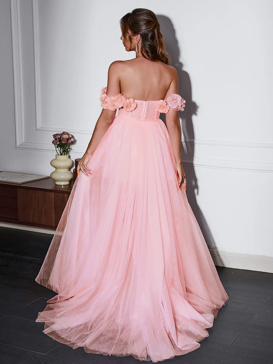 Romantic Blush Tulle A-line Off Shoulder Floral Zip Slit Long Prom Dress