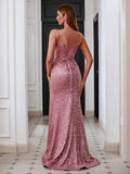 Stunning Dusty Pink Sequin Mermaid V-neck Strap Lace Up High Slit Long Prom Dress