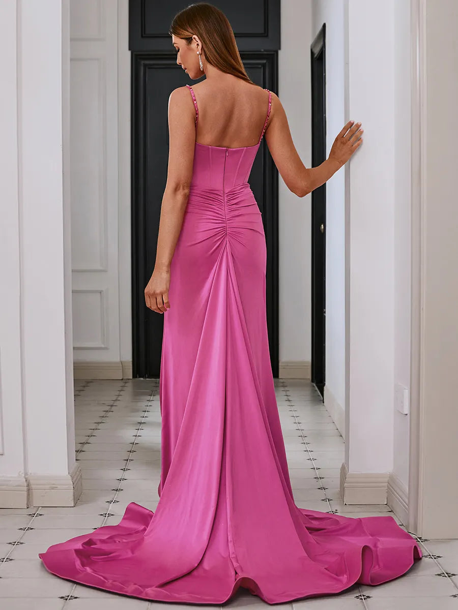 Elegant Fuchsia Satin Mermaid Cowl Strap Zipper High Slit Train Prom Dress
