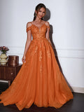 Gorgeous Orange Glitter Tulle A-line V-neck Off Shoulder Low Back Train Prom Dress