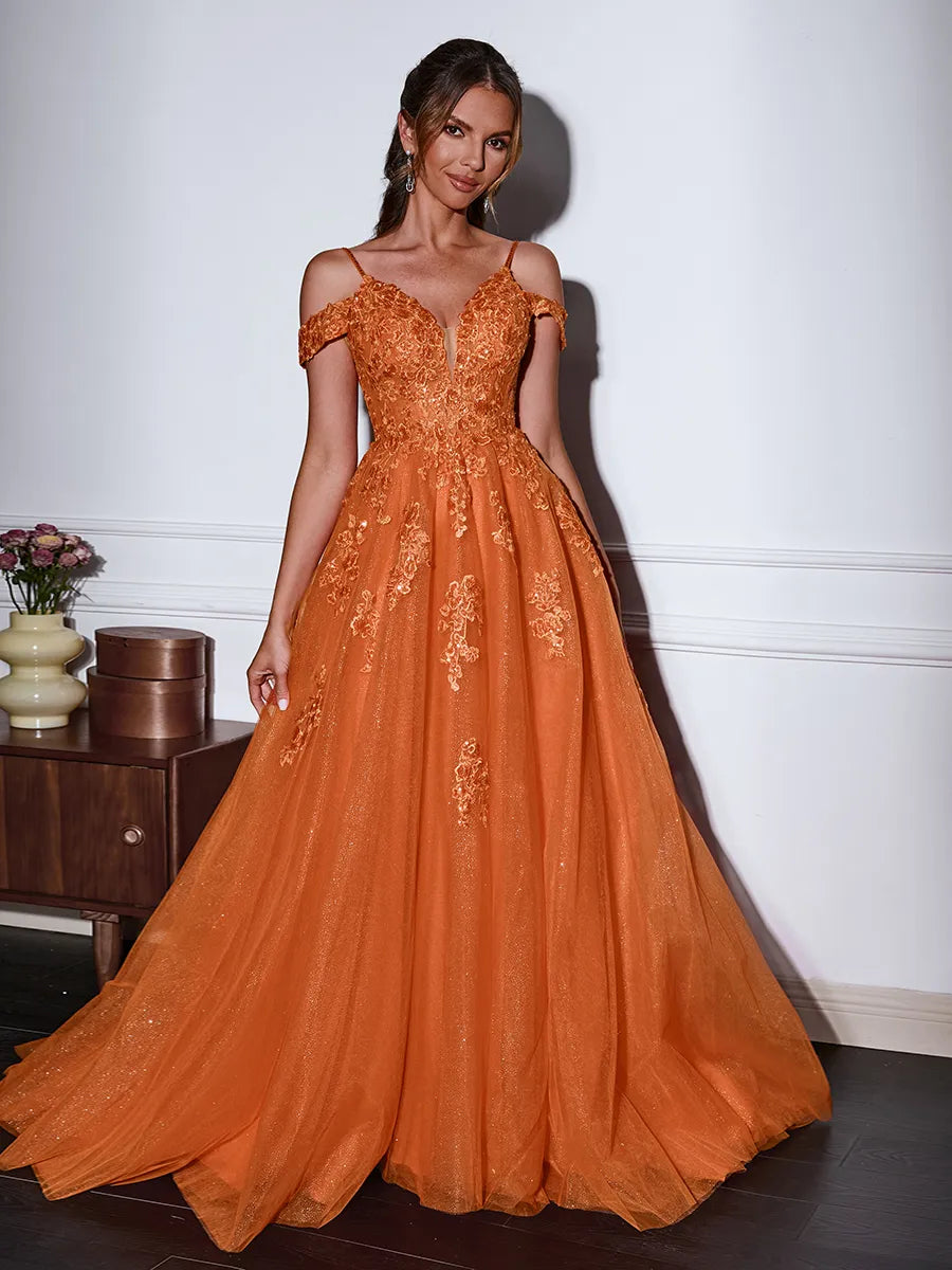 Gorgeous Orange Glitter Tulle A-line V-neck Off Shoulder Low Back Train Prom Dress