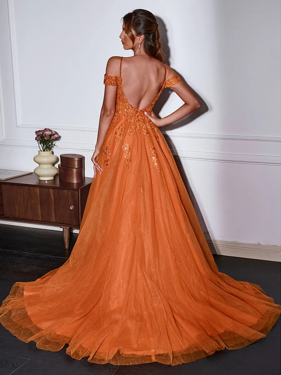 Gorgeous Orange Glitter Tulle A-line V-neck Off Shoulder Low Back Train Prom Dress