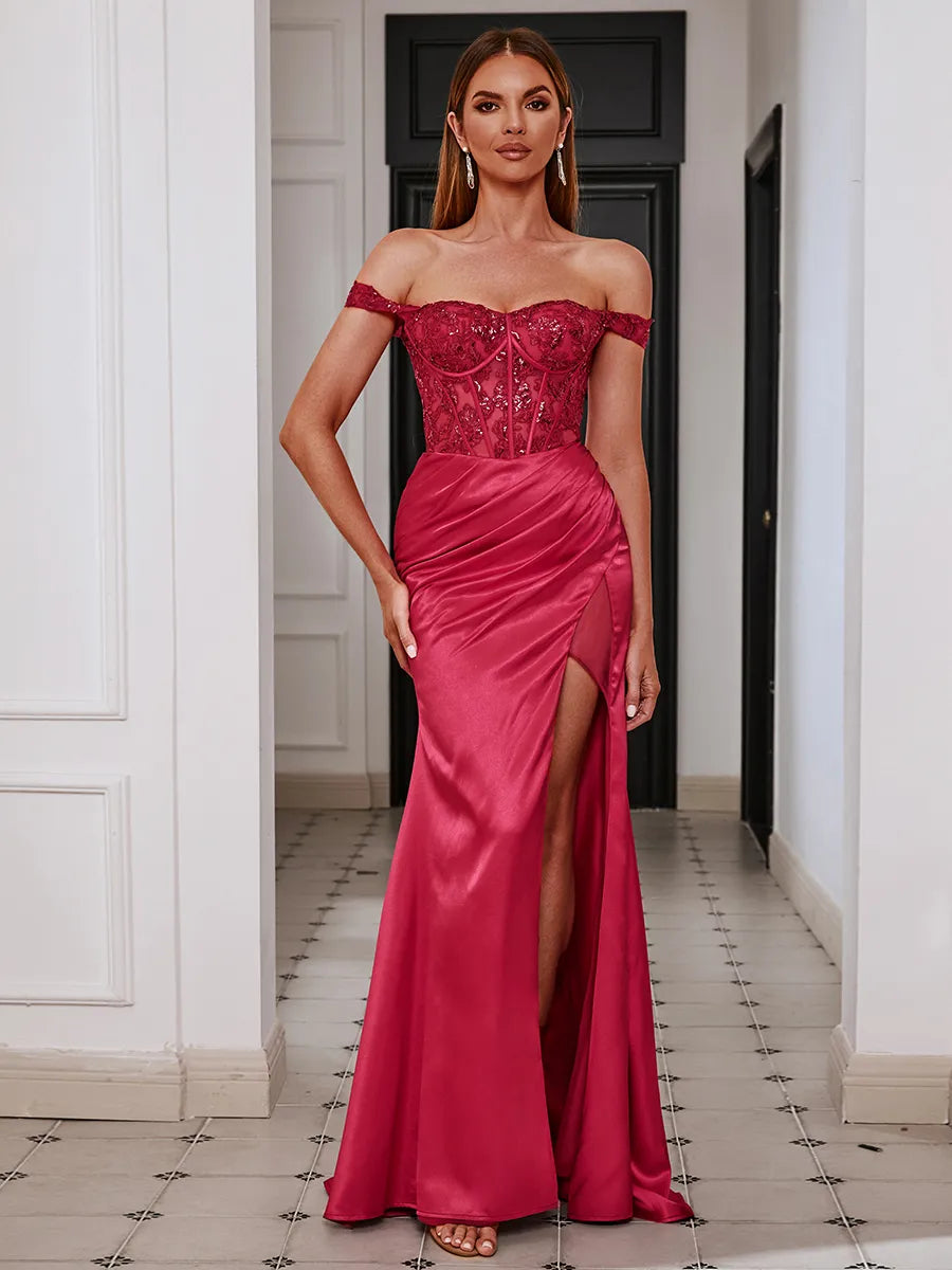Elegant Burgundy Satin Mermaid Off-shoulder Corset Slit Prom Dress