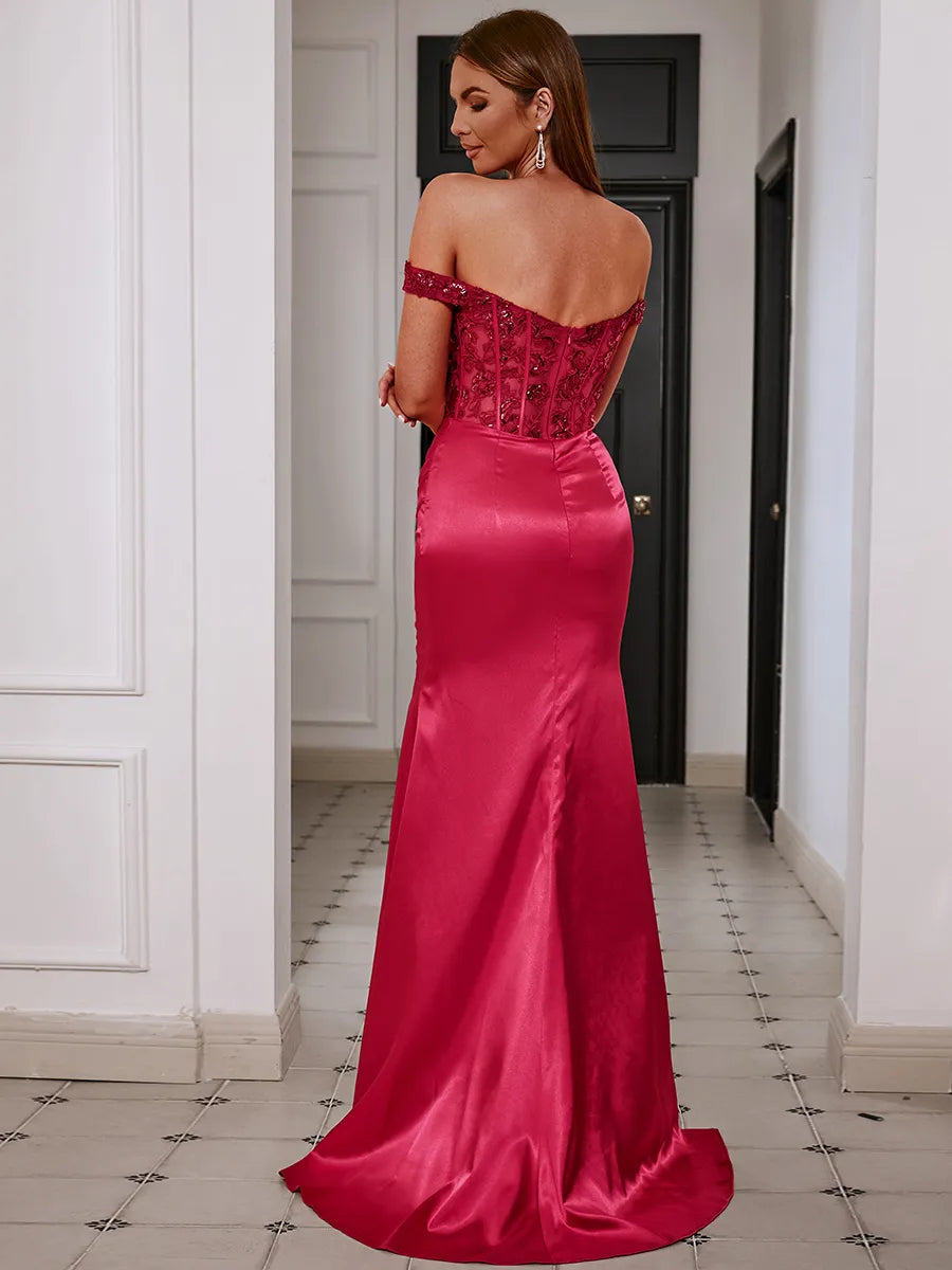 Elegant Burgundy Satin Mermaid Off-shoulder Corset Slit Prom Dress