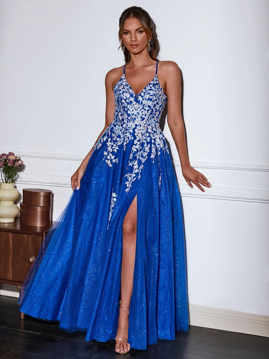 Stunning Royal Glitter Tulle A-line V-strap Lace-up Slit Prom Dress