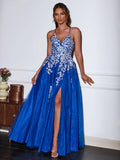 Stunning Royal Glitter Tulle A-line V-strap Lace-up Slit Prom Dress