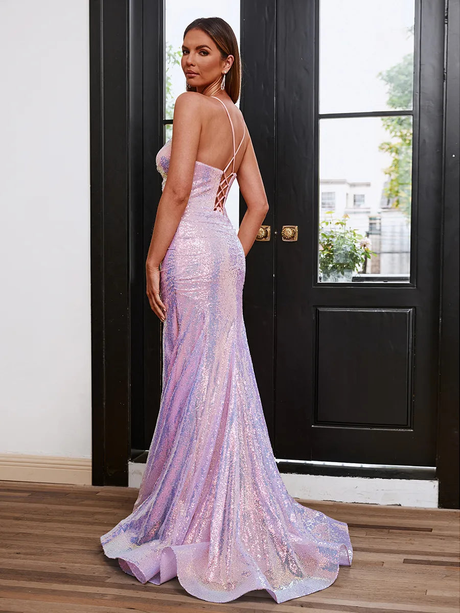 Shimmery Iridescent Pink Sequin Mermaid Sweetheart Lace-up Train Prom Dress