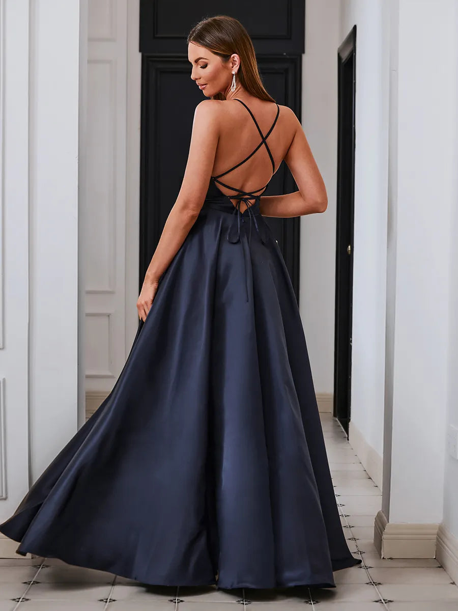 Elegant Navy Satin A-Line Square Lace-up Slit Prom Dress